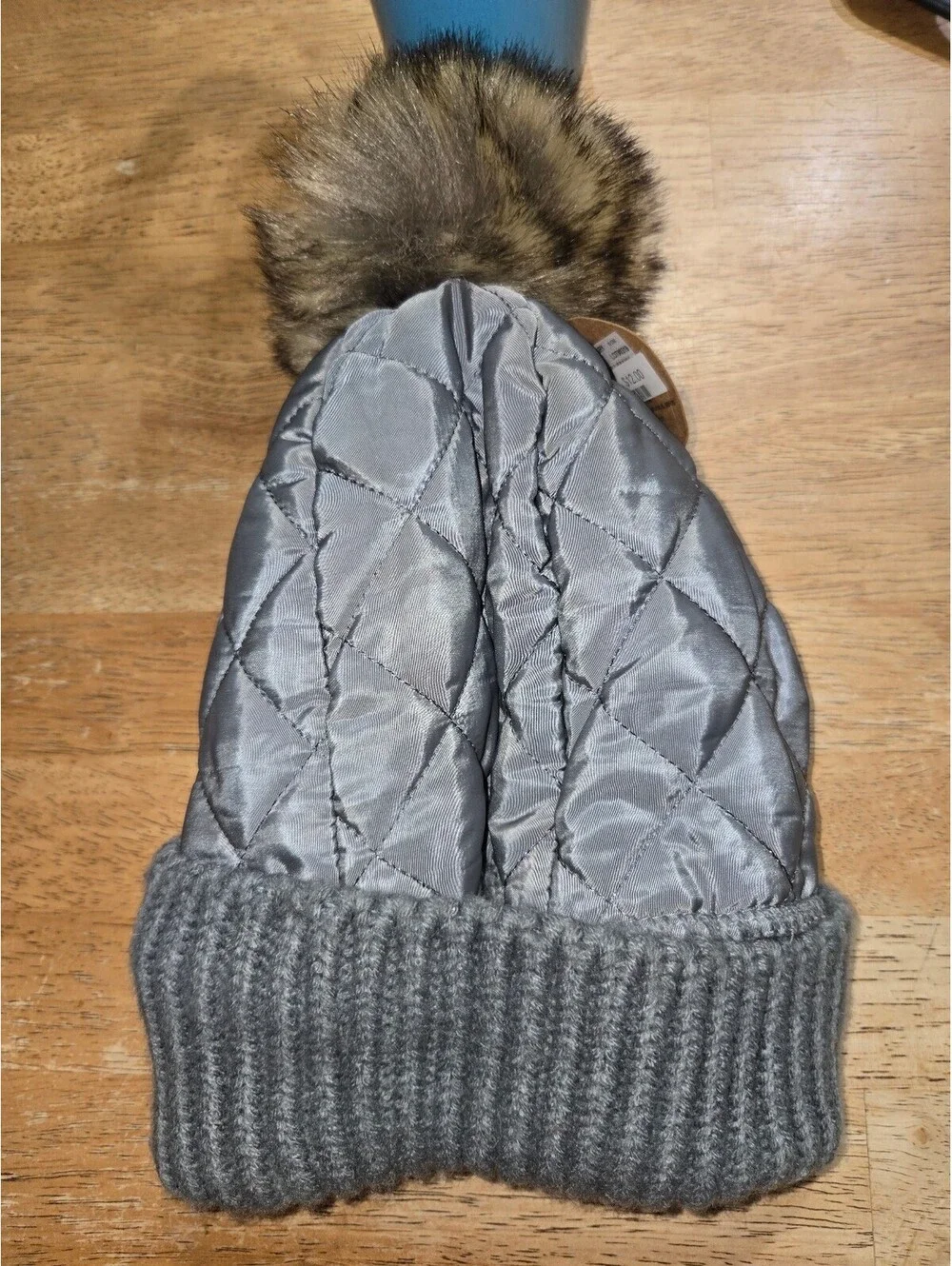 Britt's Knits Quilted Grey Beanie Hat with Faux Fur Pom Pom